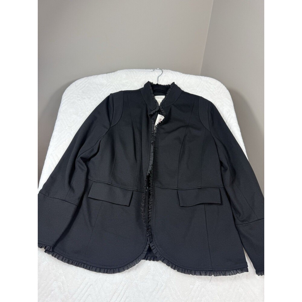 Chico’s Black Blazer Jacket Button Front Collared Ruffle Trim Womens NWT Size 2